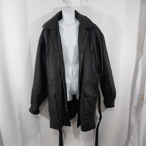PRESTIGE LEATHER! BLACK GENUINE LEATHER BELTED WAIST HOODIE COAT, JACKET! SZ 2XL - Picture 3 of 15